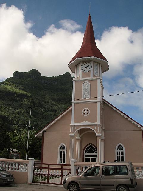 The Protestant Church in Vaitape - below Mt. Pahia
